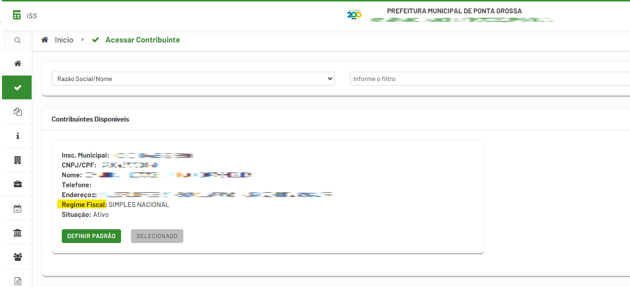Tela para consulta do Regime Especial de Tributação no padrão Elotech.