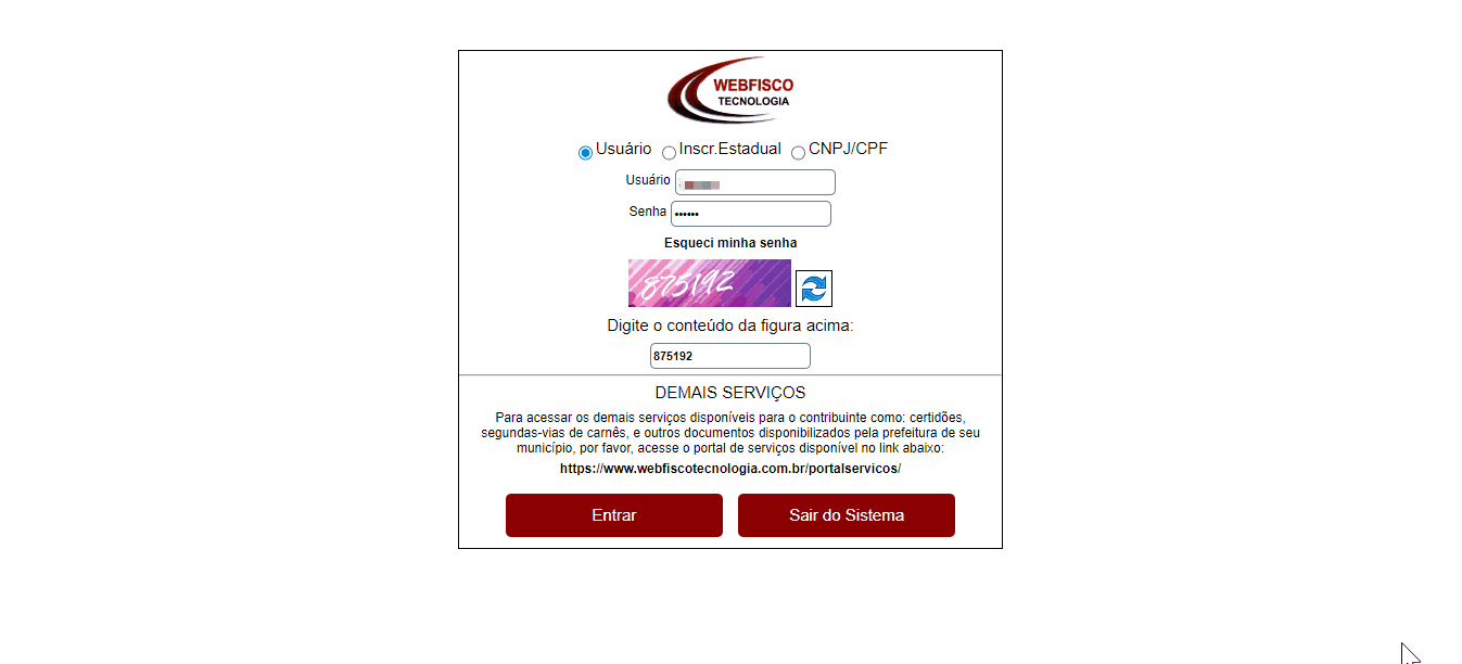 Tela de login no portal da prefeitura.