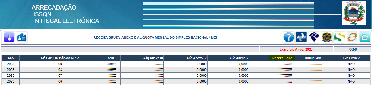Tela para consulta da Receita Bruta no padrão FGMaiss.