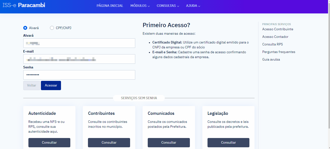 Tela de login no portal da prefeitura.