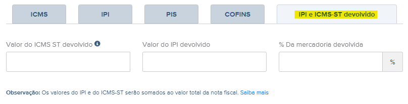 Tela de preenchimento do ICMS-ST devolvido.