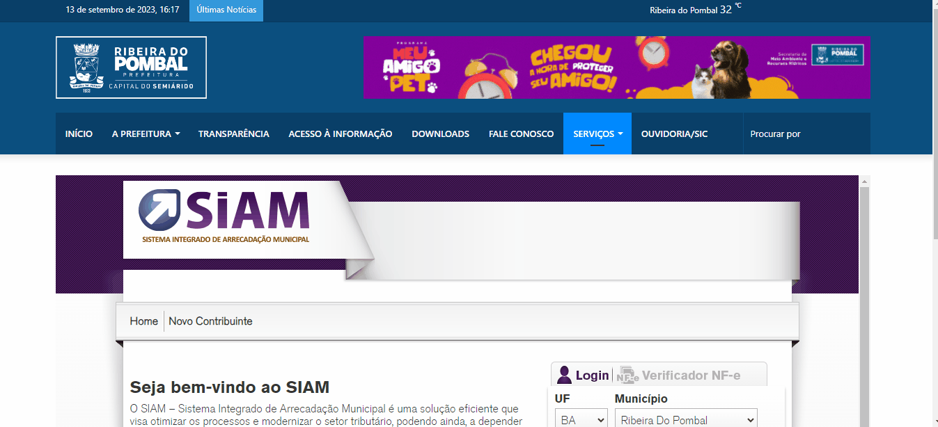 Tela de login no portal da prefeitura.