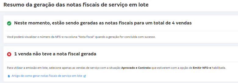 Tela de resumo da geração de notas fiscais de serviço em lote.