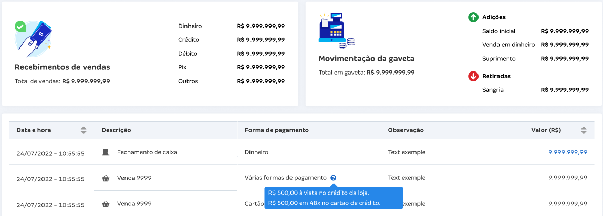 Tela das Movimentação de caixa para entender as Várias formas de pagamento informadas na NFC-e.