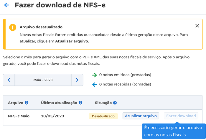 Tela com aviso de Arquivo desatualizado e botão de Atualizar arquivo para alterar a situação para Em andamento.