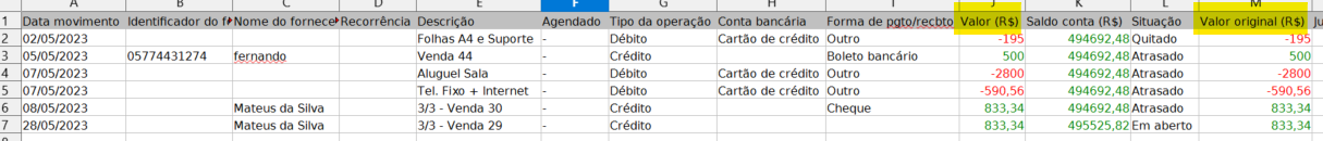 Tela de planilha exportada com destaque para as colunas Valor R$ e Valor original R$.