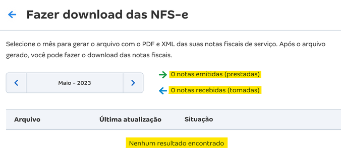 Tela com aviso de que Nenhum resultado foi encontrado e o totalizador sem arquivos para serem salvos.