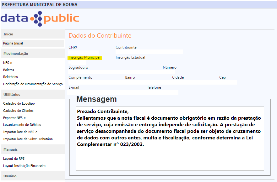 Tela de consulta da Inscrição Municipal no padrão Data Public.