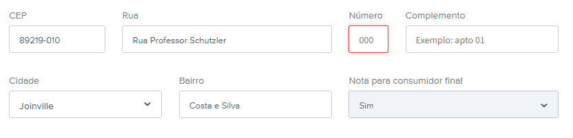 Rascunho da nota fiscal de venda de produto com destaque para os dados do destinatário.