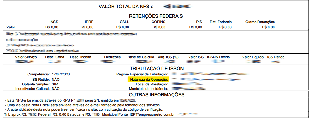 Tela para consulta da Natureza de operação padrão no padrão Fiorilli ISS Web.