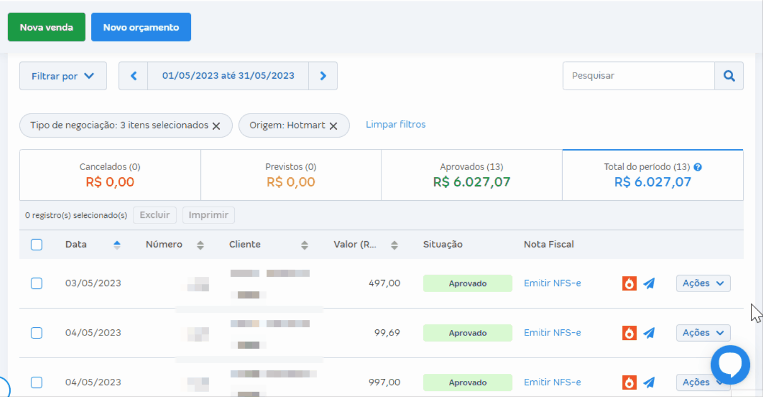 Passo a passo para consultar vendas importadas da Hotmart.