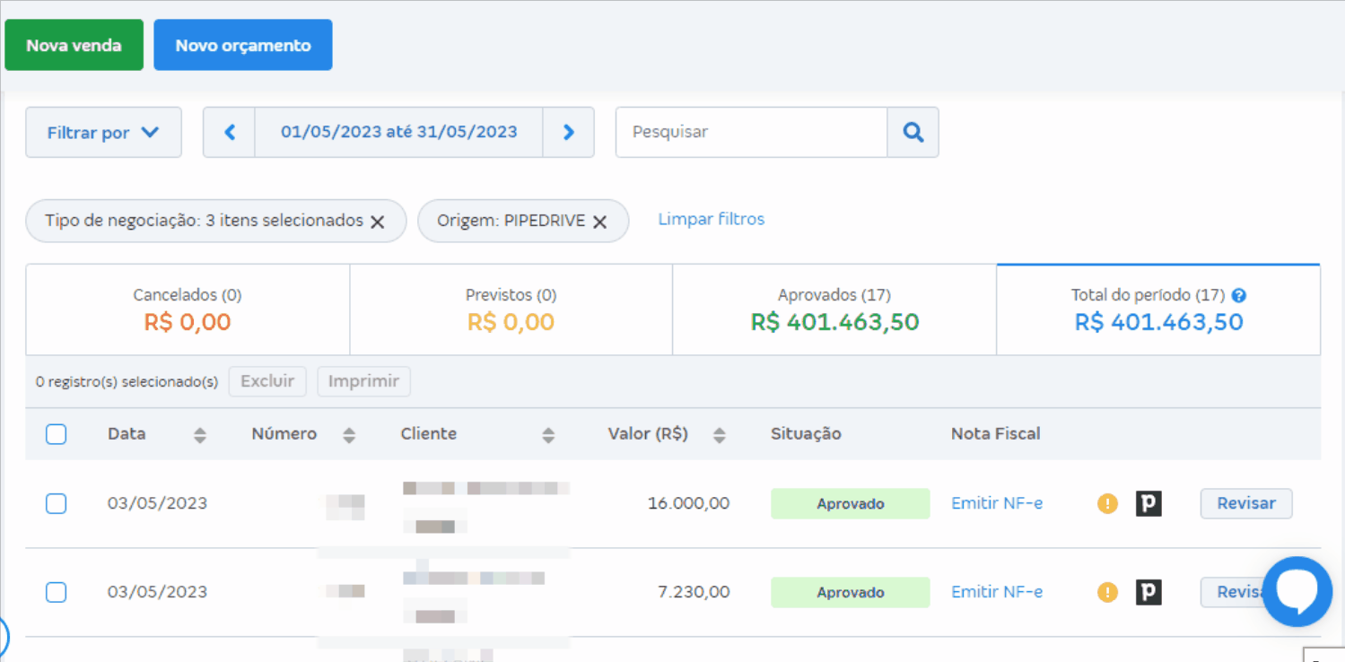 Passo a passo para consultar vendas importadas da Pipedrive .