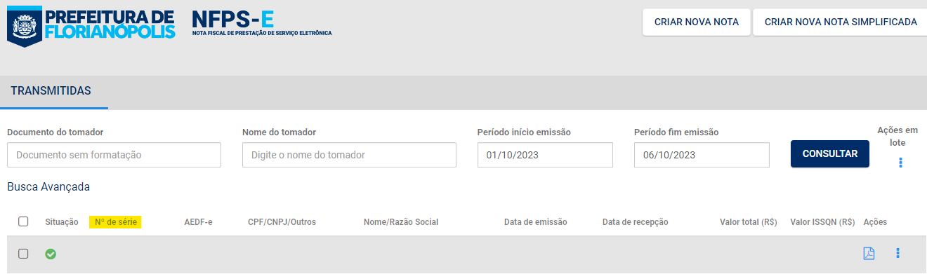 Tela para consulta do RPS no padrão Florianópolis.
