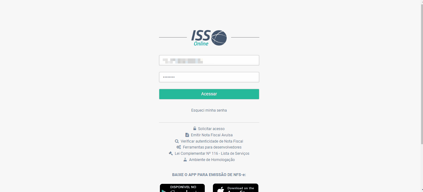 Tela de login no portal da prefeitura.