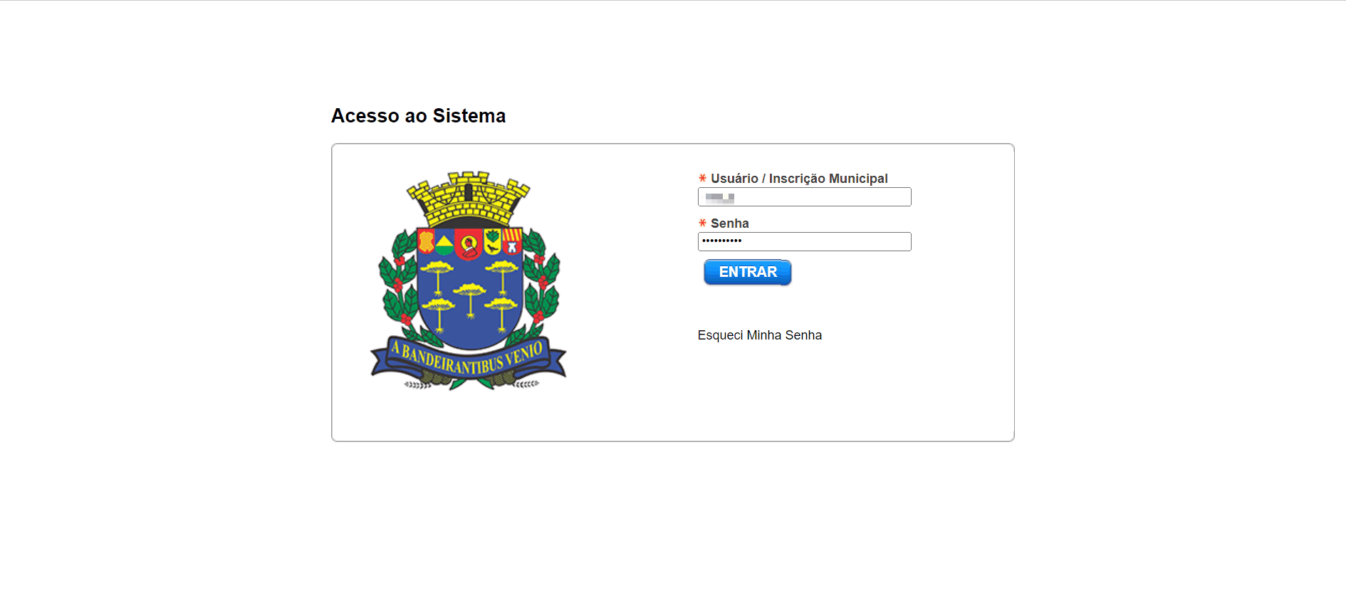 Tela de login no portal da prefeitura.