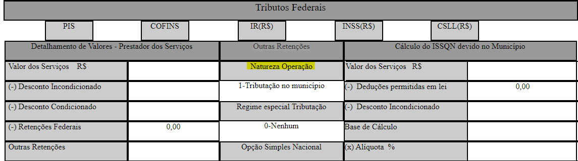 Tela para consulta da Natureza de operação padrão no padrão Ginfes.