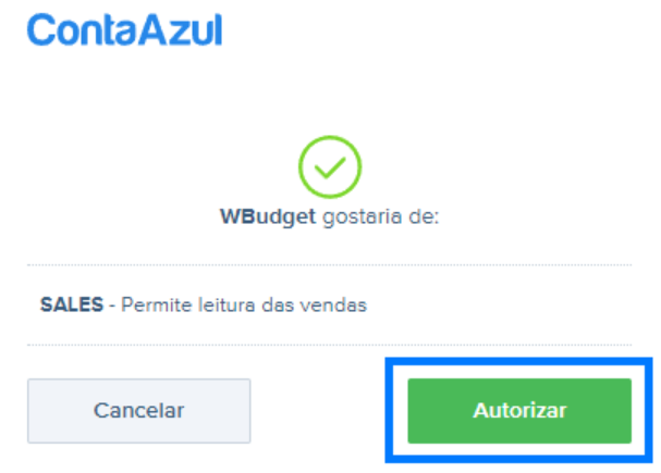 Tela de autorização para integraççao da WBudget e Conta Azul.