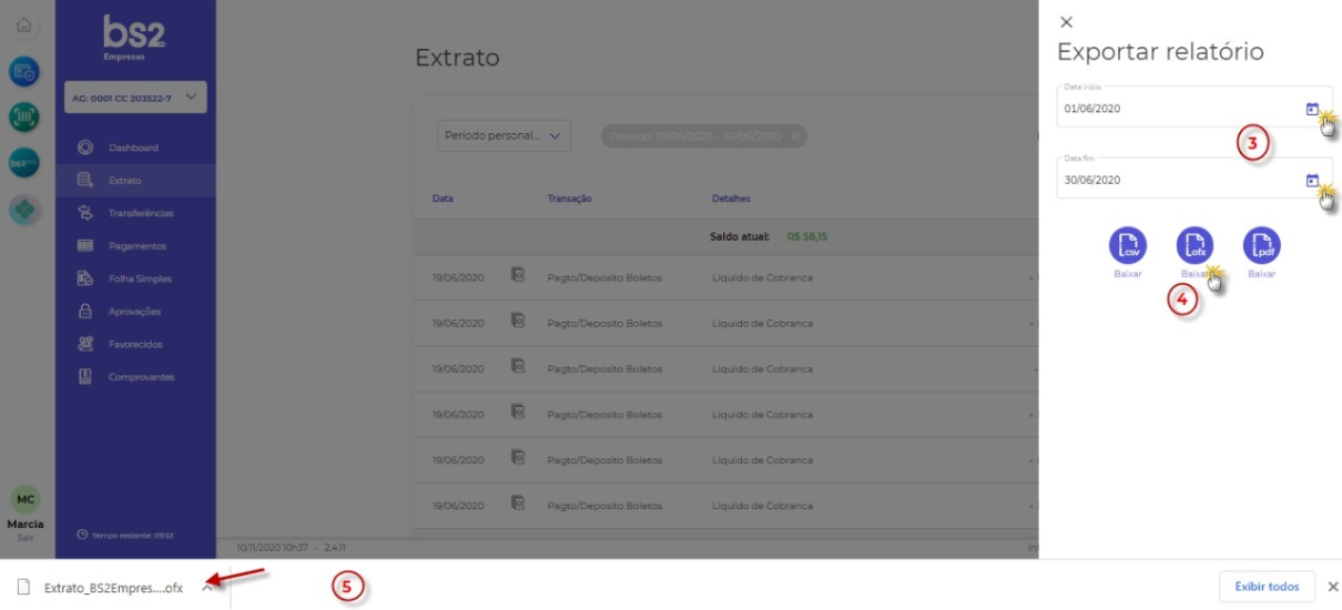 Tela do internet banking do BS2 com destaque para os botões de período e baixar OFX.