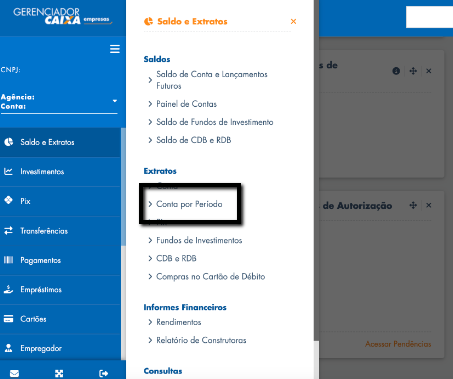 Tela do Internet Banking da Caixa Econômica Federal com destaque para o botão Conta por Período.
