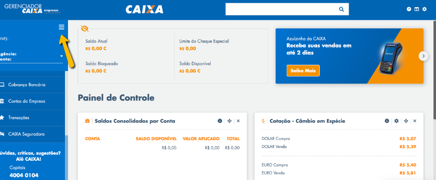 Tela do Internet Banking da Caixa Econômica Federal com destaque para o menu superior esquerdo.