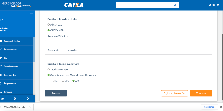 Tela do Internet Banking da Caixa Econômica Federal com destaque para Gerar Arquivo para Gerenciadores Financeiros.