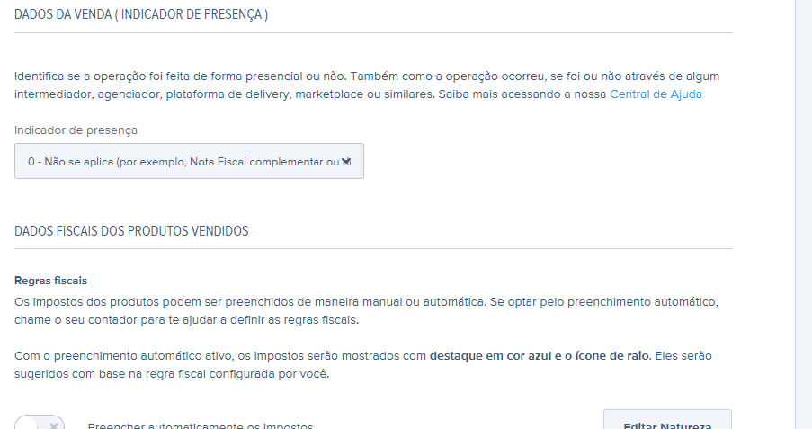 Tela de Dados da venda (Indicador de presença) na NFe.