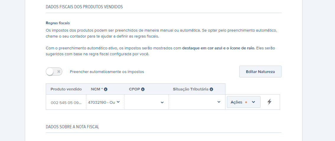 Tela de Dados fiscais dos produtos vendidos na NFe.