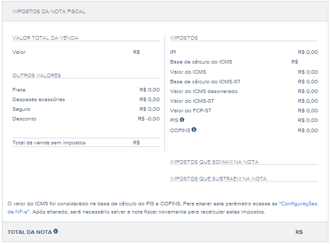Tela de Totais da nota fiscal.