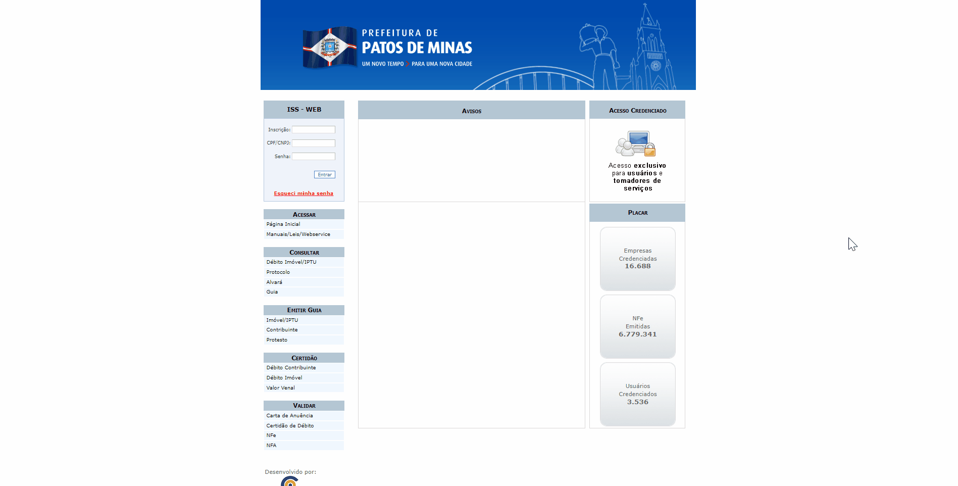 Tela de login no portal da prefeitura.