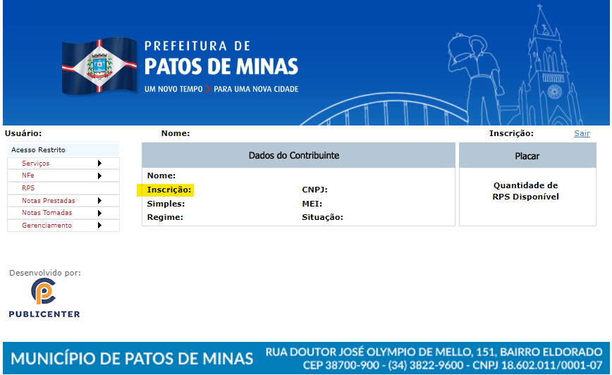 Tela para consulta da Inscrição Municipal no padrão Governa (Publicenter).