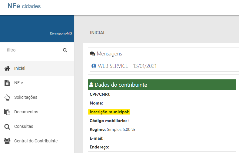Tela para consulta da Inscrição Municipal no padrão Governo Digital (nfe-cidades).