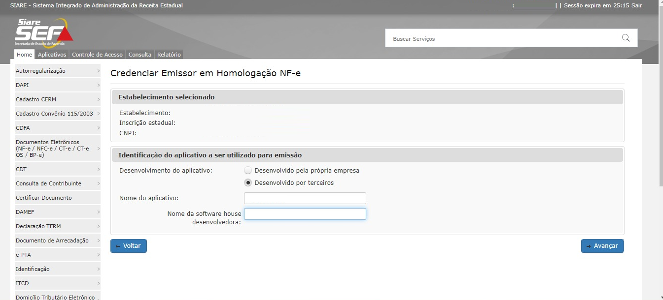 Tela do site da Sefaz de Minas Gerais com destaque para Credenciar Emissor em Homologação NF-e.