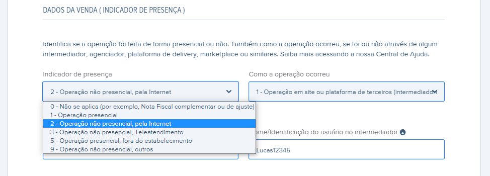 Tela da NF-e com destaque para os campos Indicador de presença e Como a operação ocorreu.