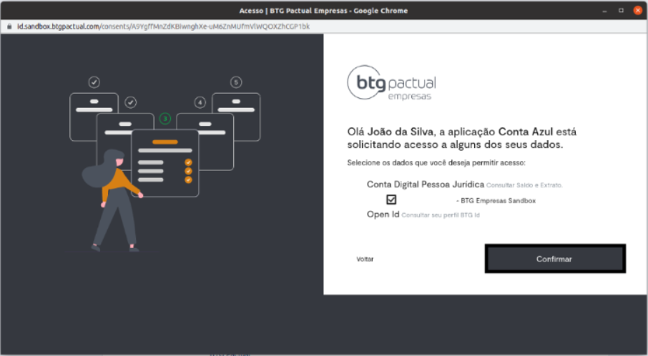 Tela do internet banking do BTG Pactual com destaque para o botão Confirmar.