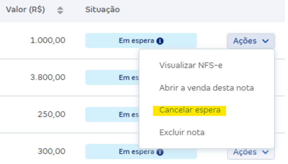 Tela com atalho para cancelar envio de NFS-e.