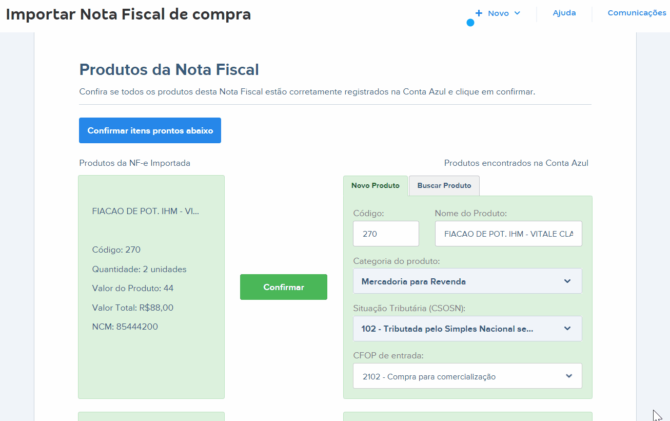 Tela com destaque das opções de Situação Tributária (CSOSN).