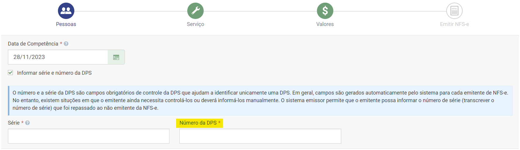 Tela do do Portal Nacional com destaque para o campo Número do DPS.