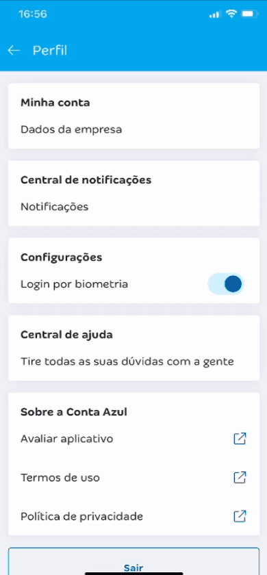 Passo a passo para acessar o menu Sobre a Conta Azul no Conta Azul de Bolso.