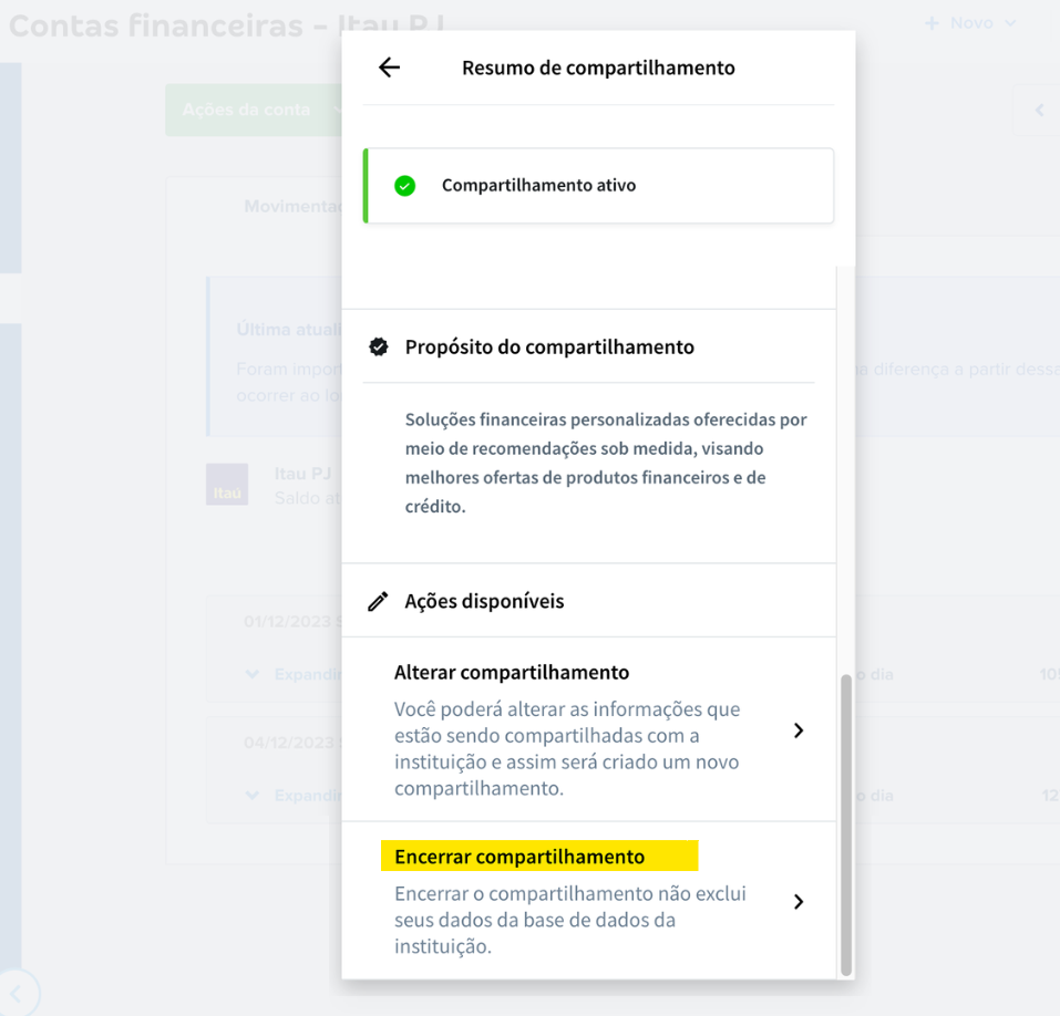 Tela de Meus compartilhamentos do Open Finance com destaque para o botão Encerrar compartilhamento.
