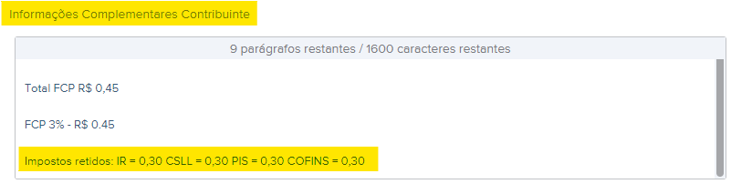 Tela da NF-e com destaque para o campo Impostos retidos.