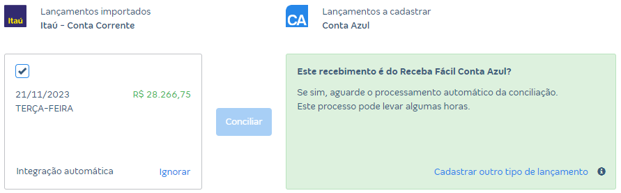 Tela de conciliações pendentes com destaque para a mensagem Este recebimento é do Receba Fácil Conta Azul?.