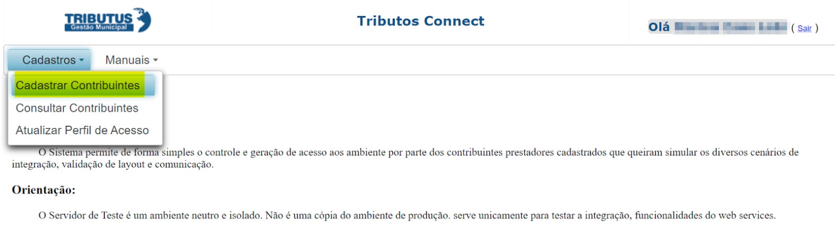 Tela para Cadastrar contribuintes no padrão Tributos Municipais.