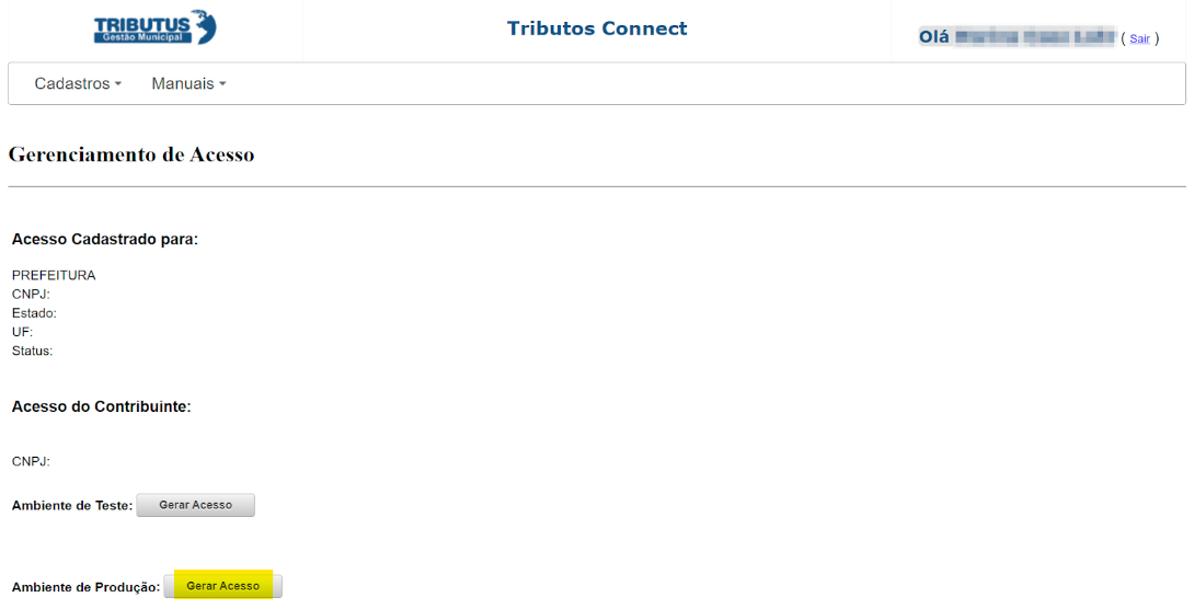 Tela para gerar acesso no padrão Tributos Municipais.
