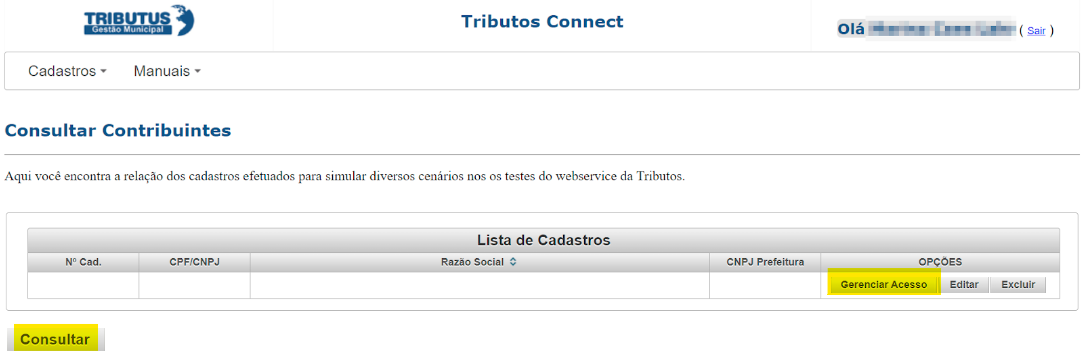 Tela para Gerenciar acesso no padrão Tributos Municipais.