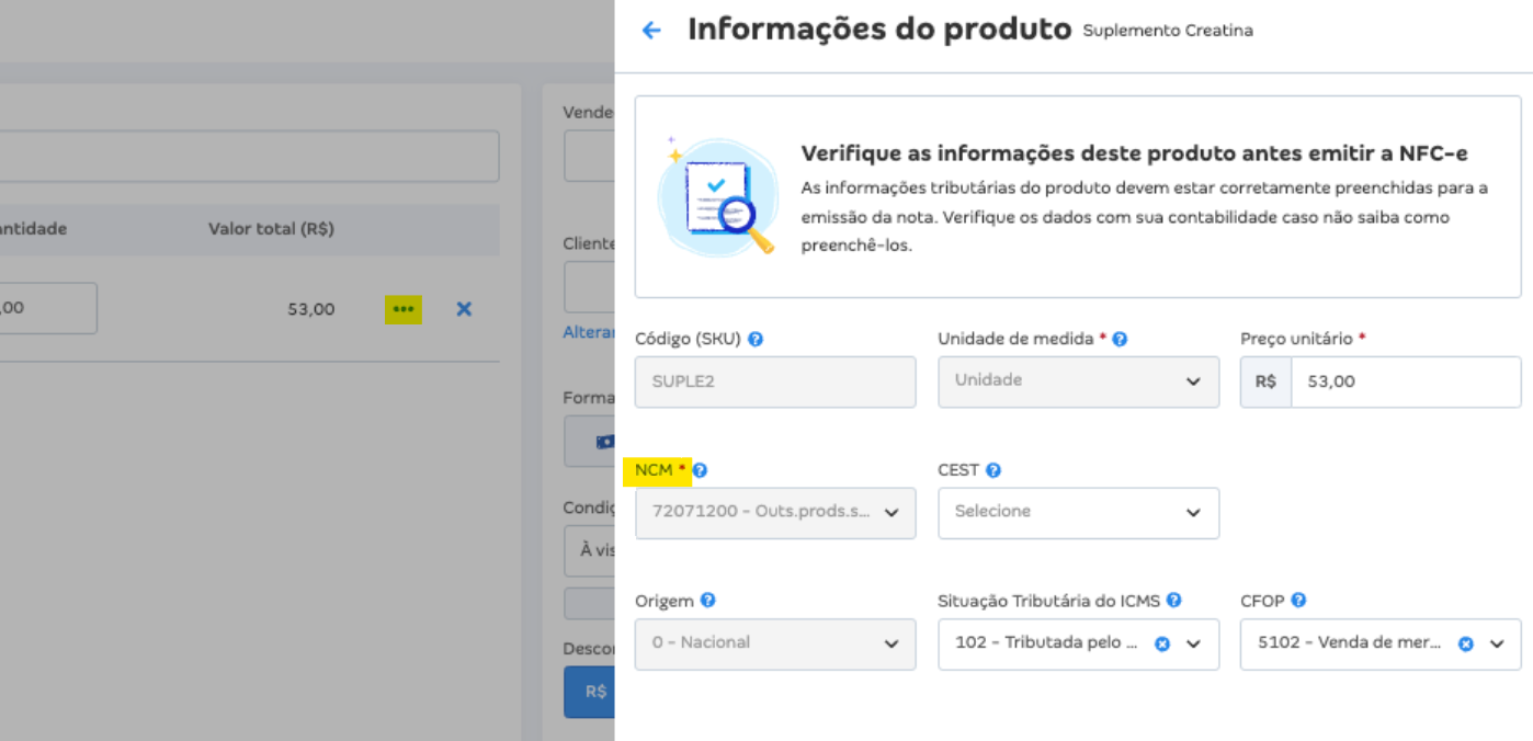 Tela com destaque para a NCM (Nomenclatura Comum do Mercosul) no rascunho da NFC-e.