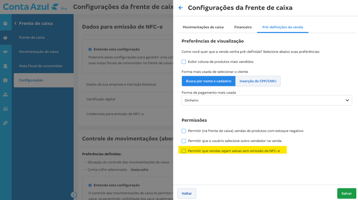 Tela com destaque para o botão Permitir que vendas sejam salvas sem emissão da NFC-e.