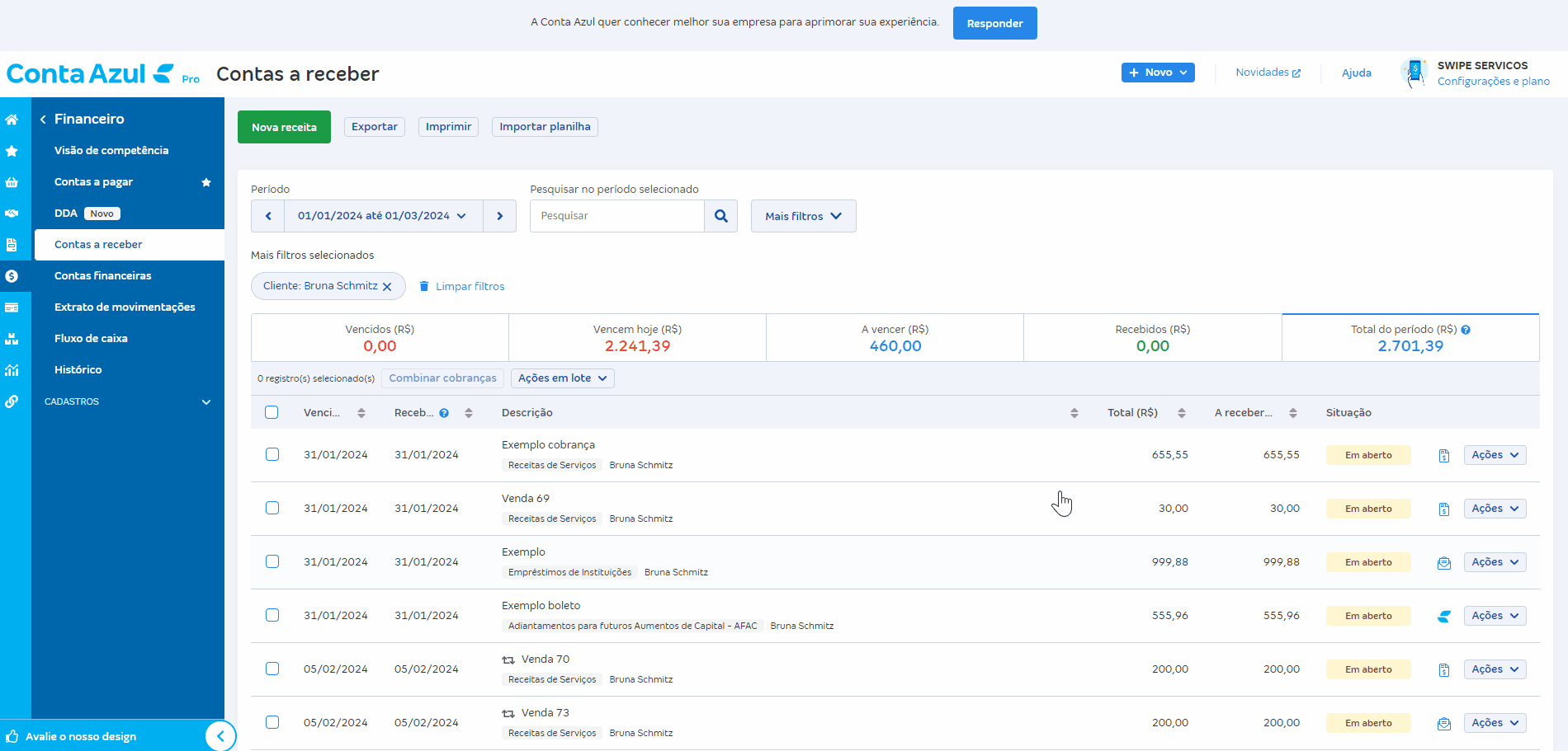 Passo a passo para enviar o Boleto da Conta Azul pelo financeiro de uma cobrança já gerada.
