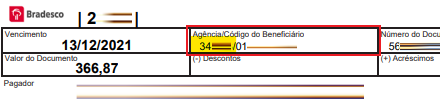 Tela modelo de boleto emitido pelo Bradesco com destaque para o campo Agência.