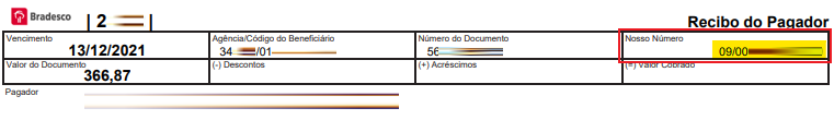 Tela modelo de boleto emitido pelo Bradesco com destaque para o campo Nosso número.