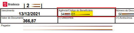 Tela modelo de boleto emitido pelo Bradesco com destaque para o campo Código beneficiário.